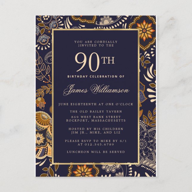Invitation Carte Postale Elégant Motif bleu et or 90e anniversaire (Devant)
