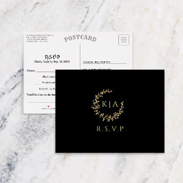 Invitation Carte Postale Elégant Noir & Or Monogramme Wreath Wedding RSVP