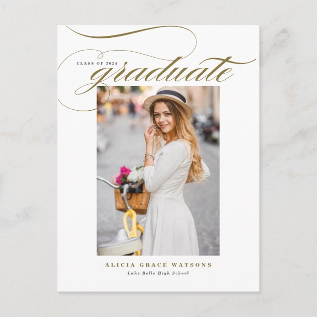 Invitation Carte Postale Élégant Or Calligraphie Photo Graduation (Devant)