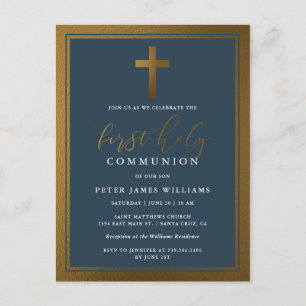 Invitation Carte Postale Elégant or et bleu marine Première communion saint