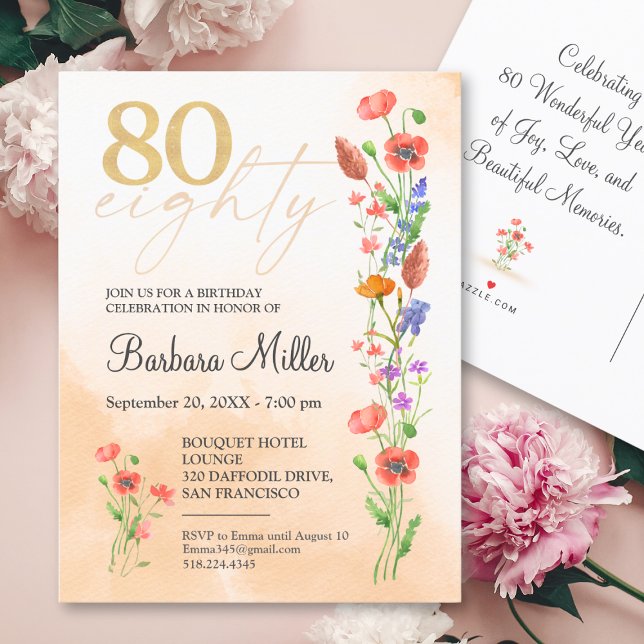 Invitation Carte Postale Elégant or floral 80e anniversaire - 80 ans (Créateur téléchargé)