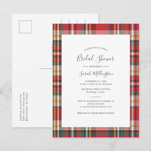 Invitation Carte Postale Élégant Plaid Rustique Fête des mariées moderne (Devant / Derrière)
