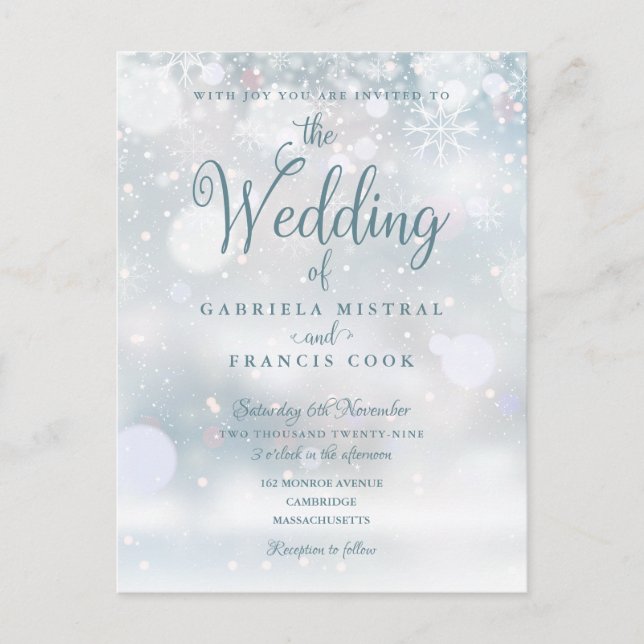 Invitation Carte Postale Elégant premier Snowflakes Mariage d'hiver (Devant)