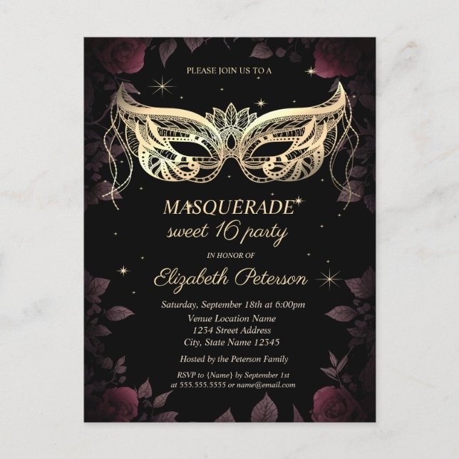Invitation Carte Postale Élégant Rose de Bourgogne foncée Black Sweet 16 (Devant)