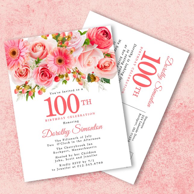 Invitation Carte Postale Elégant rose floral 100e anniversaire (Créateur téléchargé)
