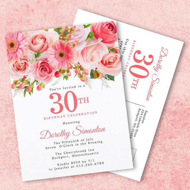 Invitation Carte Postale Elégant rose floral 30e anniversaire (Créateur téléchargé)