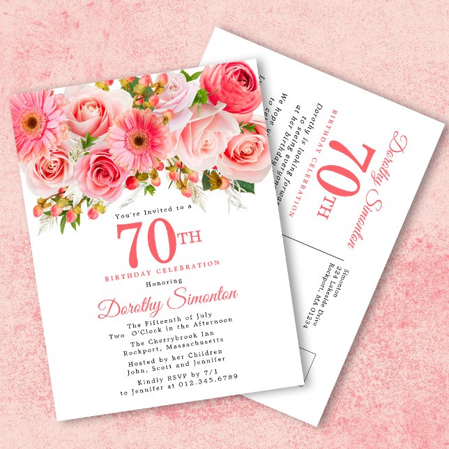 Invitation Carte Postale Élégant rose floral 70e anniversaire (Créateur téléchargé)