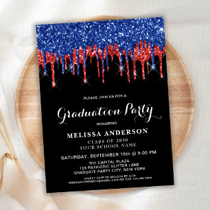 Invitation Carte Postale Elégant rouge Parties scintillant Bleu goutte Patr
