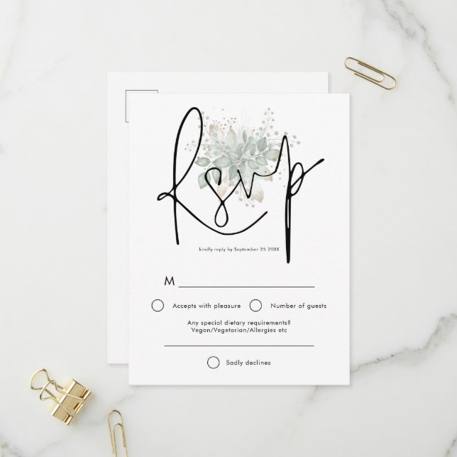 Invitation Carte Postale Élégant Sage Foliage noir Script mariage RSVP (Devant/Arrière en situation)
