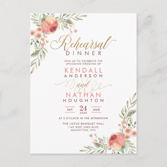 Invitation Carte Postale Élégant Script Aquarelle Floral Rehearsal Dîner (Devant)