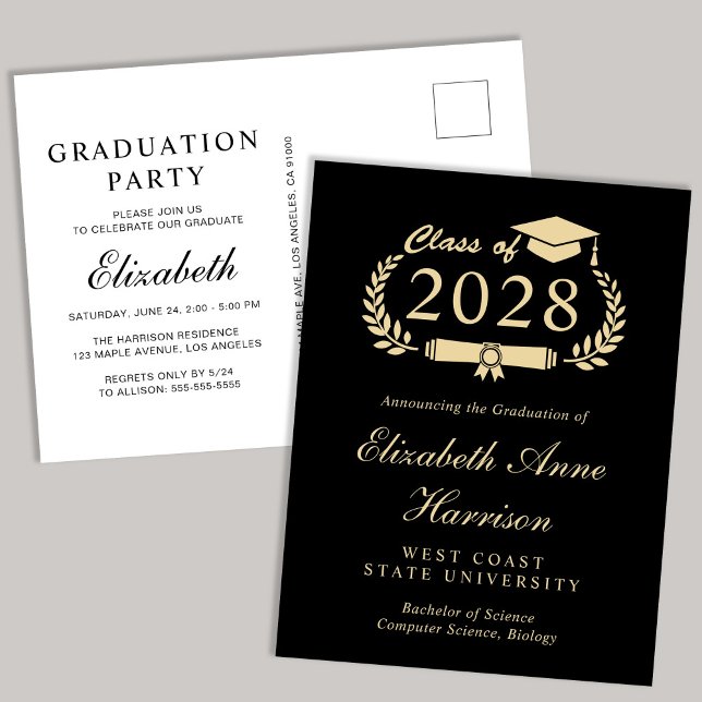 Invitation Carte Postale Élégant Script Black Gold College Graduation Party (Créateur téléchargé)