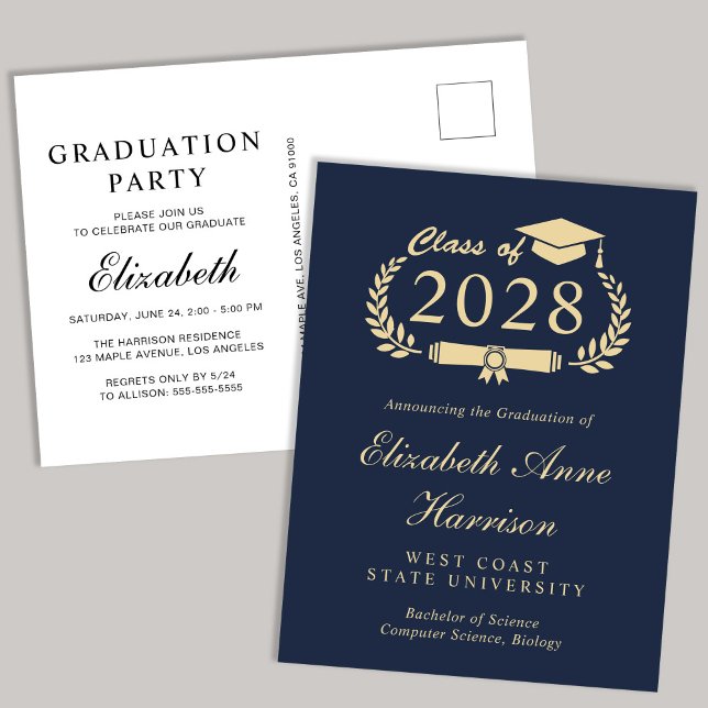 Invitation Carte Postale Élégant Script Blue Gold College Graduation Party (Créateur téléchargé)