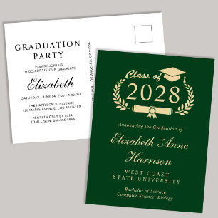 Invitation Carte Postale Élégant Script Green Gold College Graduation Party