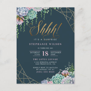 Invitation Carte Postale Élégant script Succulents Surprise Birthday Party