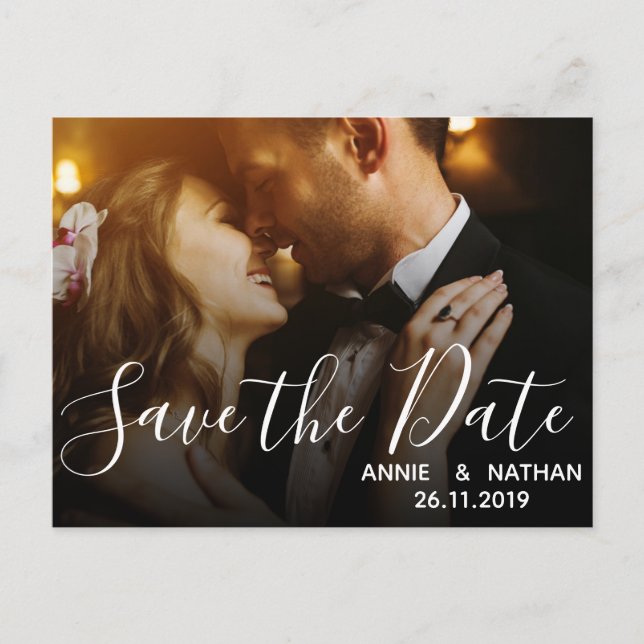 Invitation Carte Postale Elegant Scrit Mariage Photo Enregistrer la date Ca (Devant)