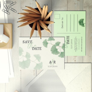 Invitation Carte Postale Elégant vert Dusty Ginkgo Floral Enregistrer la da