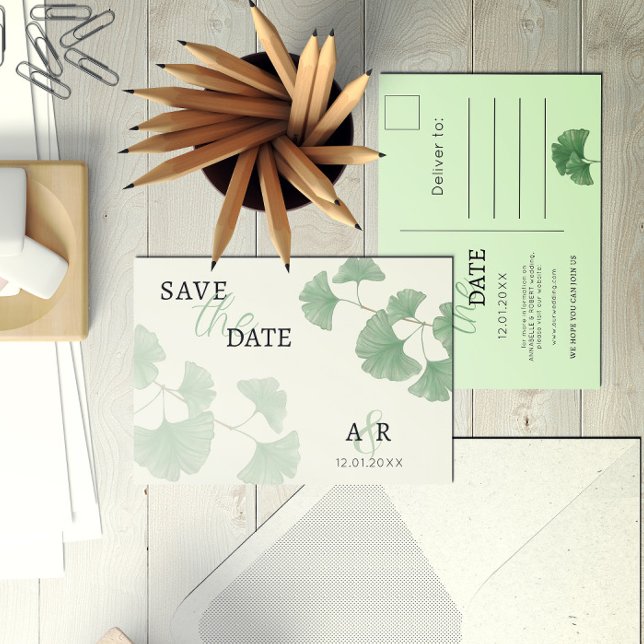 Invitation Carte Postale Élégant Vert Poussiéreux Ginkgo Floral Save the Da (Créateur téléchargé)