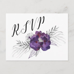 Invitation Carte Postale Élégant violet gris argenté Floral RSVP réponse