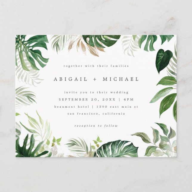 Invitation Carte Postale Élégante aquarelle d'été Mariage de feuillage trop (Devant)