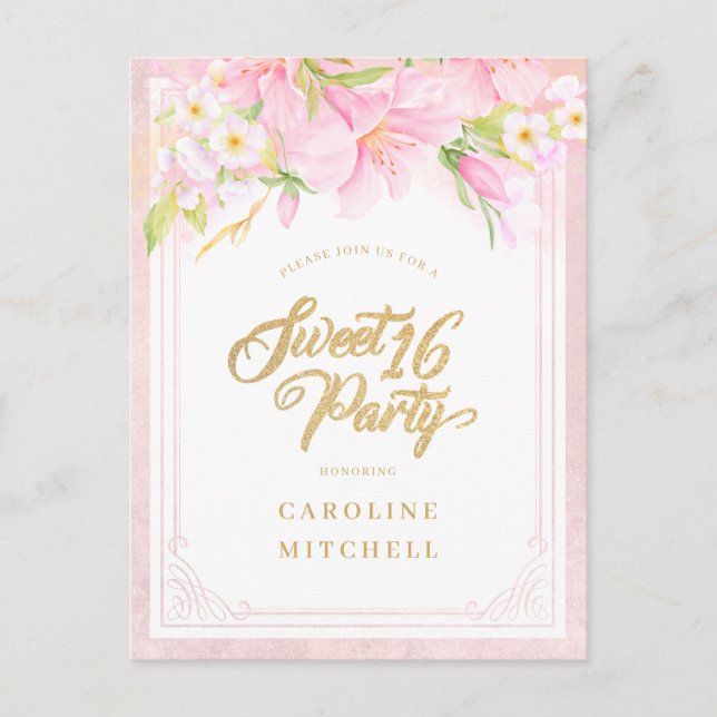 Invitation Carte Postale Elégante aquarelle florale du Sweet sixteen budgét (Devant)