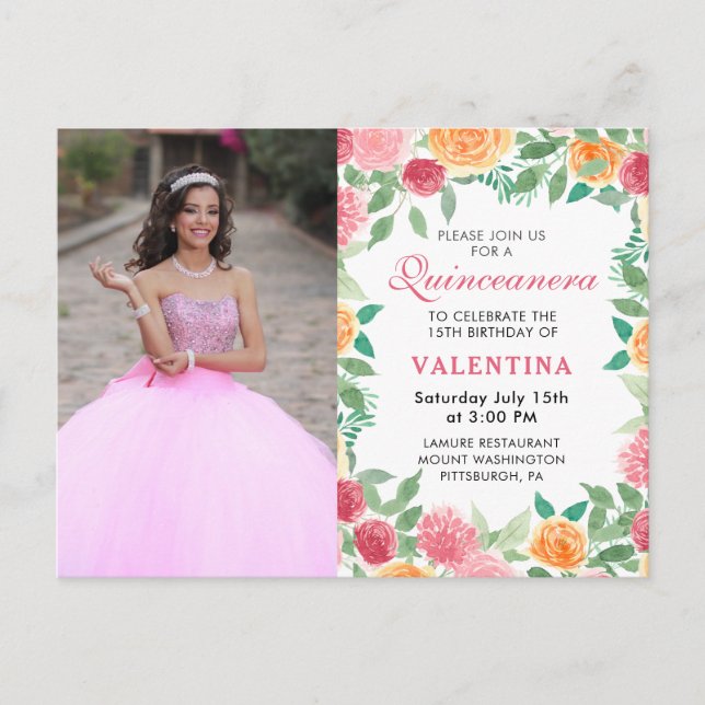 Invitation Carte Postale Elégante aquarelle Florale Photo Quinceanera Invit (Devant)