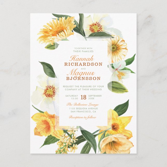 Invitation Carte Postale Élégante Aquarelle Jaune Mariage Floral (Devant)