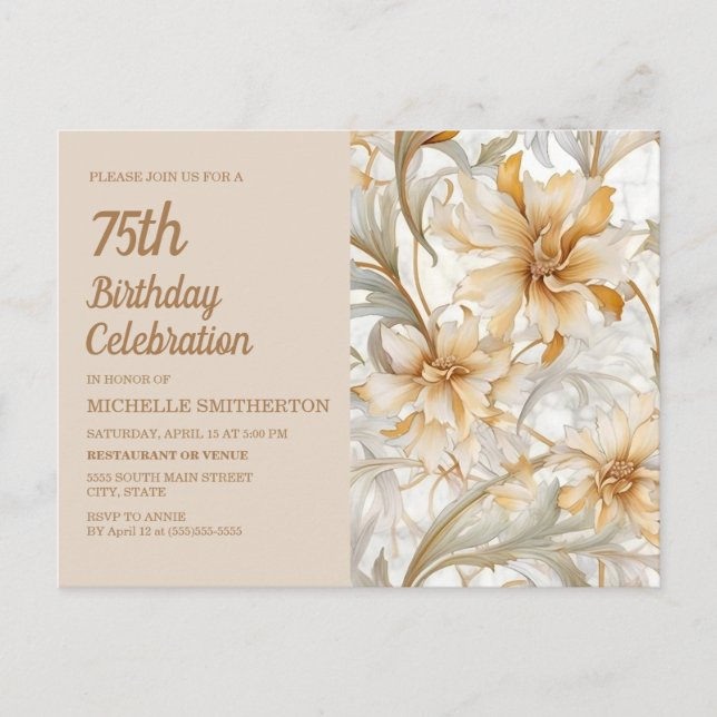 Invitation Carte Postale Elégante aquarelle neutre florale 75e anniversaire (Devant)