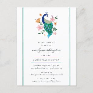 Invitation Carte Postale Elégante aquarelle Peacock Baby shower garçon