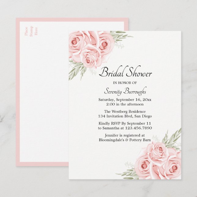 Invitation Carte Postale Elégante aquarelle Rose rose Fête des mariées flor (Devant / Derrière)