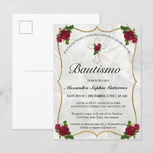 Invitation Carte Postale Elegante Bautismo de Bebé de Oro Rosa Rojo