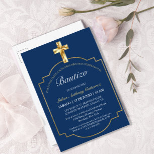 Invitation Carte Postale Elegante Bautismo de Niños Con Cruz Dorada Azul