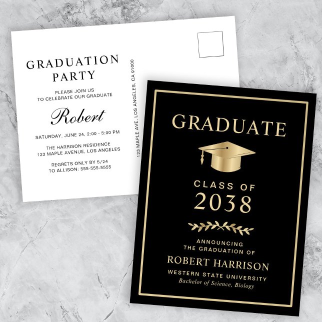 Invitation Carte Postale Élégante Black Gold College Graduation Party (An elegant college graduation party invitation postcard to celebrate the graduate's achievements)