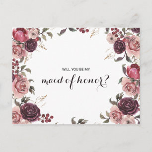 Invitation Carte Postale Élégante bourgogne été Floral Maid of Honor