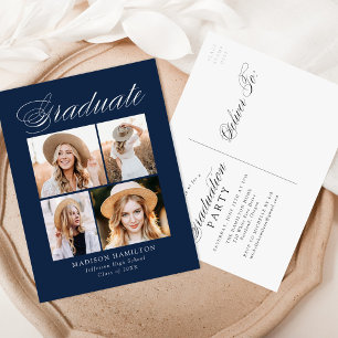 Invitation Carte Postale Élégante Calligraphie Marine 4 Photo Graduation Pa