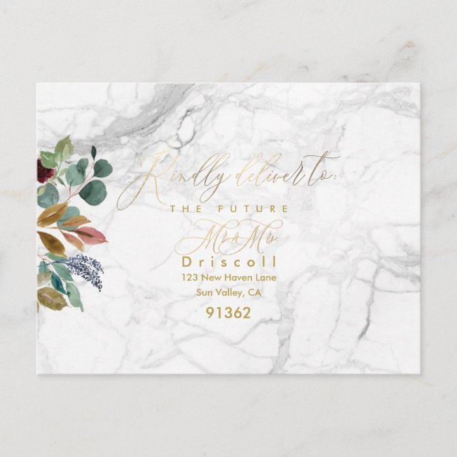 Invitation Carte Postale Élégante calligraphie or verte RSVP w Repas (Devant)