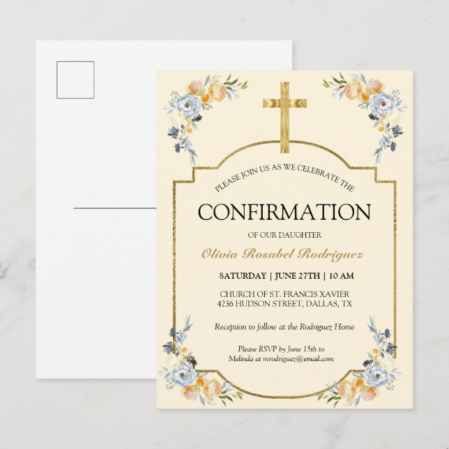 Invitation Carte Postale Élégante Crème au beurre Fleur Confirmation (Devant / Derrière)