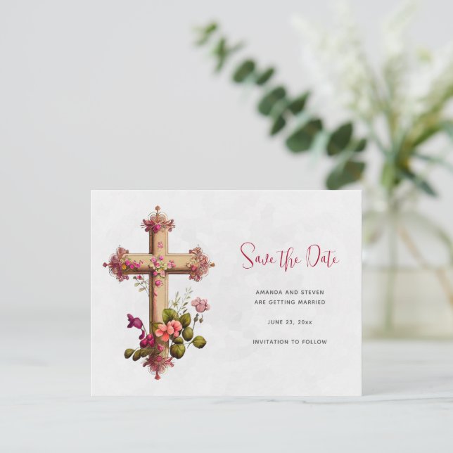 Invitation Carte Postale Elégante croix aux fleurs roses Enregistrer la dat (Debout devant)