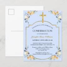Elégante Croix d'or bleu Floral Confirmation Invit