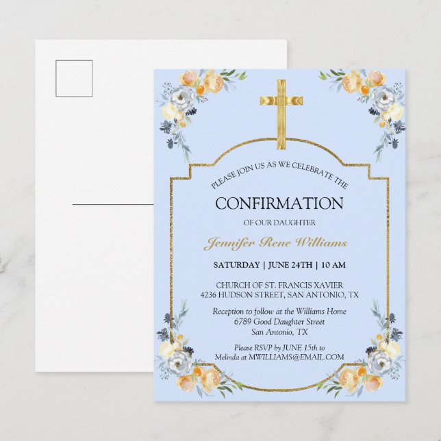 Invitation Carte Postale Elégante Croix d'or bleu Floral Confirmation Invit (Devant / Derrière)