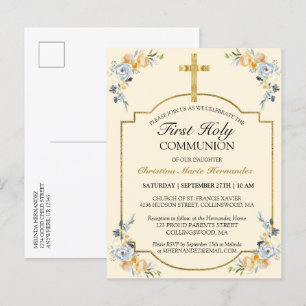 Invitation Carte Postale Elégante Croix d'or Florale 1ère Sainte Communion 