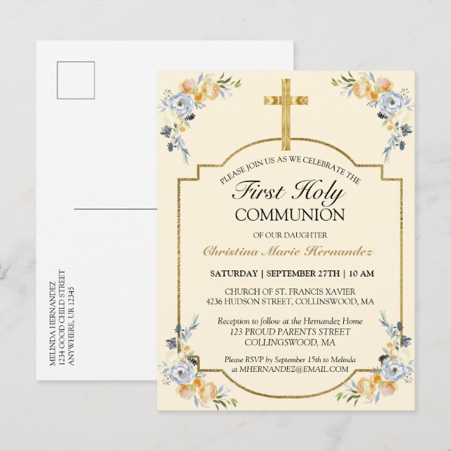 Invitation Carte Postale Elégante Croix d'or Florale 1ère Sainte Communion  (Devant / Derrière)