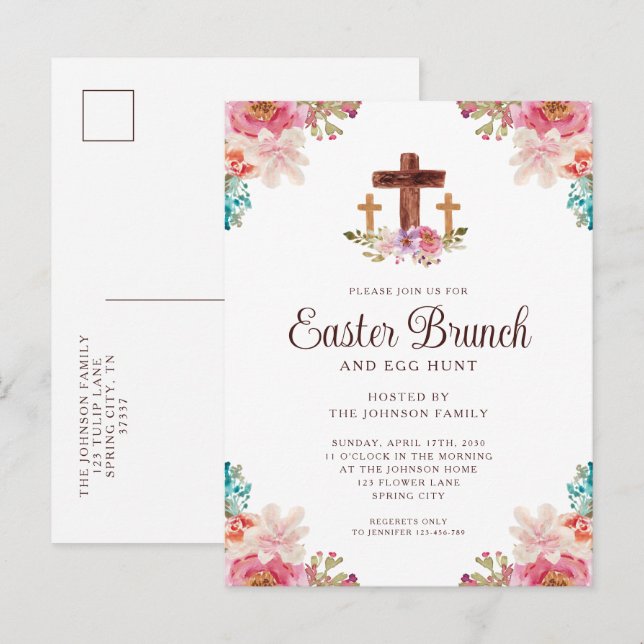 Invitation Carte Postale Elégante croix florale Brunch de Pâques (Devant / Derrière)