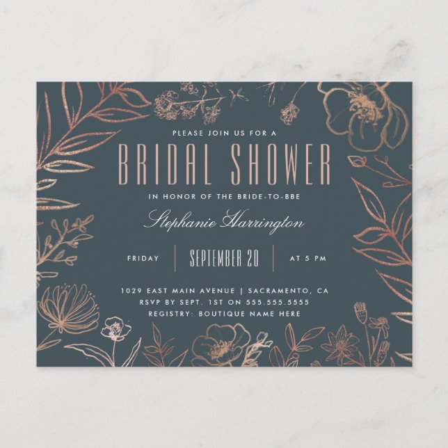 Invitation Carte Postale Elégante Fête des mariées bleue et Rose Gold Meado (Devant)