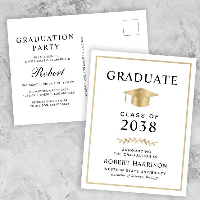 Invitation Carte Postale Élégante Gold Casquette Grad College Graduation Pa (An elegant college graduation party invitation postcard to celebrate the graduate's achievements)