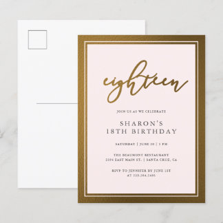 Invitation Carte Postale Elégante Gold & Pastel Rose 18e fête d'anniversair