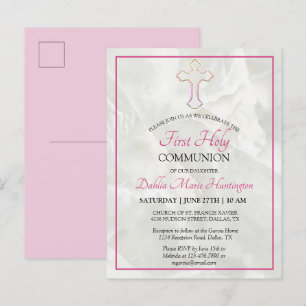 Invitation Carte Postale Élégante Marbre rose Filles Première Sainte Commun