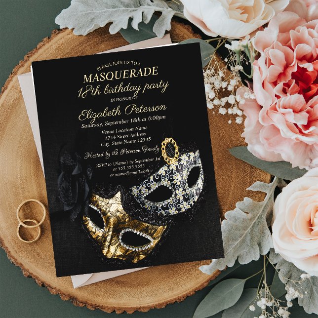 Invitation Carte Postale Elégante Mascarade noire, Masque 18ème anniversair (Créateur téléchargé)