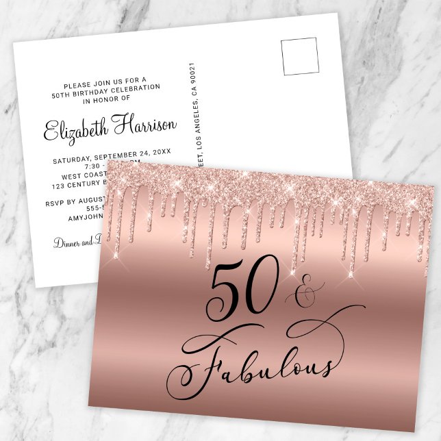 Invitation Carte Postale Elégante Parties scintillant Rose Gold 50e fête d' (Créateur téléchargé)