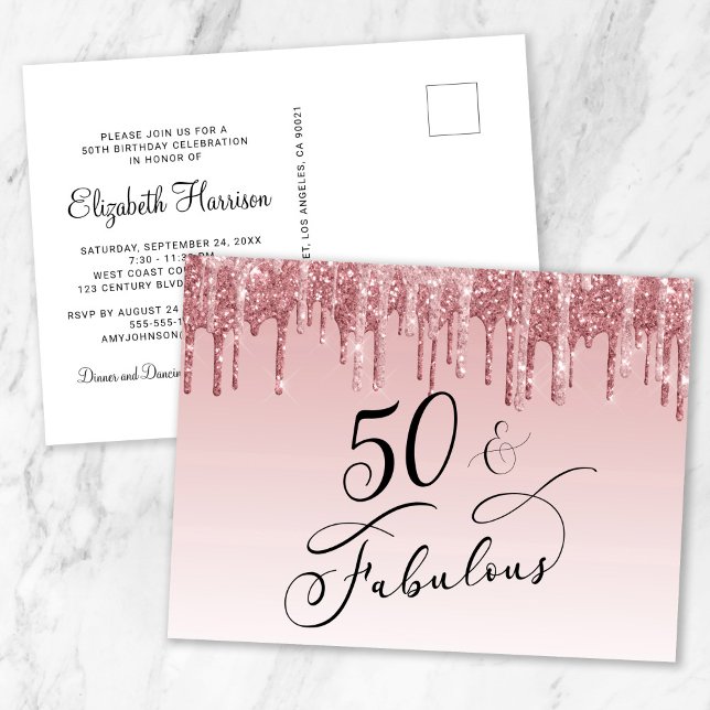Invitation Carte Postale Elégante Parties scintillant Rose Gold Rose 50e fê (Créateur téléchargé)