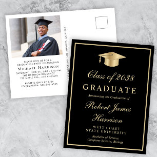Invitation Carte Postale Élégante Photo Black Gold Graduation Party